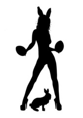 silhouette of sexy woman dressed as bunny on white