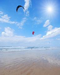 kitesurfers on a sunny beach