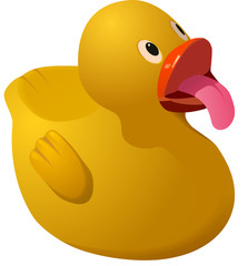 Toy rubber ducky sticking his tongue out.