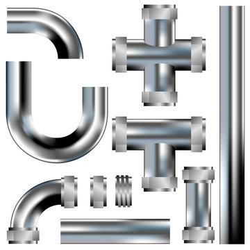Plumbing pipes - vector set with stainless steel texture