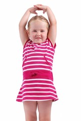 Cute child with hands up on white