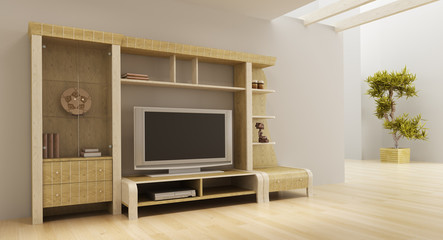 lounge room interior with bookshelf and TV