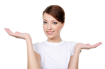 attractive laughing young woman choosing