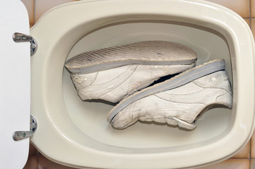 Toilet viewed from above with a pair of worn dirty shoes inside