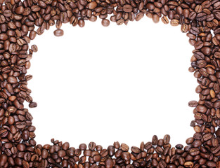 Brown roasted coffee beans photo frame with white empty space