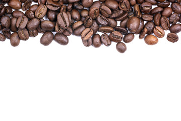 Brown roasted coffee beans isolated on white background. Empty s