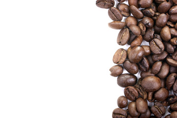 Coffee beans macro isolated on white background.