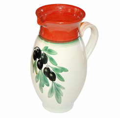 Red and White Olive Oil Pitcher Isolated on White