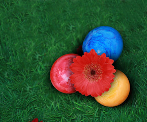 Bunte Ostereier mit roter Blume