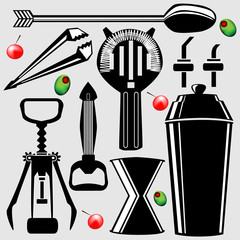 Set of bartending tools in vector silhouette