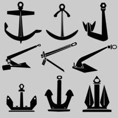 Boat and ship anchors in vector silhouette