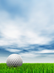 conceptual 3D golf ball on green grass over a blue sky