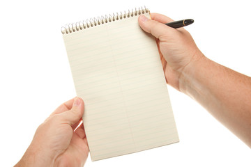 Male Hands Holding Pen and Pad of Paper
