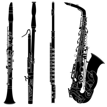 Woodwind musical instruments in vector silhouette