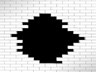 hole in white brick wall