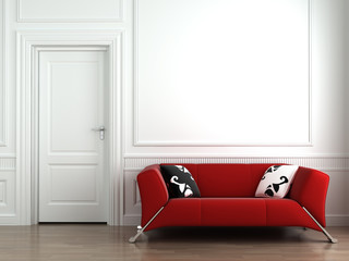 red couch on white interior wall