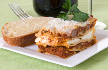 Lasagna on Green Tablecloth