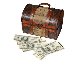 dollars and old chest, isolated on white background