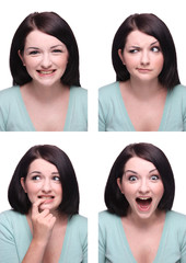 Beautiful brunette Passport photo style range of expressions.