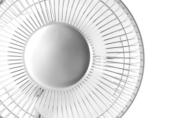 Close up of Silver Electric Fan on White Background