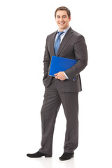 Full body portrait of businessman with folder, isolated