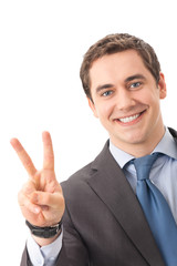 Very happy successful gesturing businessman, isolated