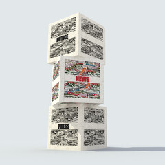 stack of box realized with clippings of newspaper - rendering