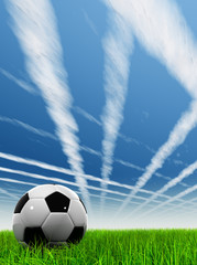 3D black soccer ball,green grass, blue sky with plane trails