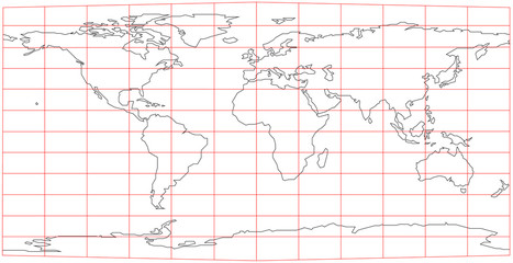 Weltkarte in Rektangular-Projektion, rotes Gradnetz