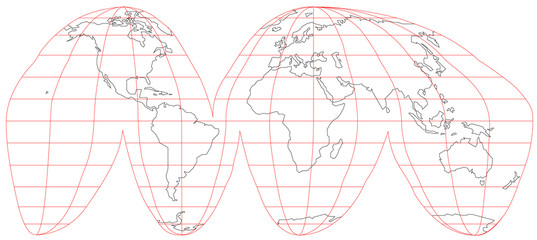 Weltkarte in Goode's Projektion, rotes Gradnetz © Christian Pauschert