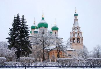 Beautiful ancient Christian church in Yaroslavl in the winter