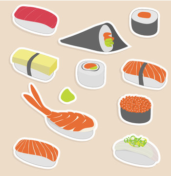 Vector illustration of sushi set make in sticker style