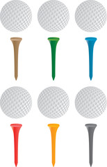 Six golf balls on tees