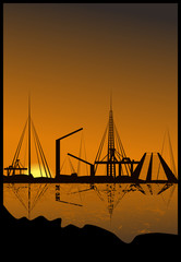 Obraz premium Silhouette of a harbor with reflection in water