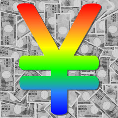 colorful rainbow Yen symbol on desaturated currency