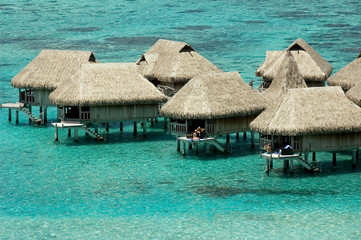 luxury overwater bungalows at blue lagoon in French Polynesia - obrazy, fototapety, plakaty