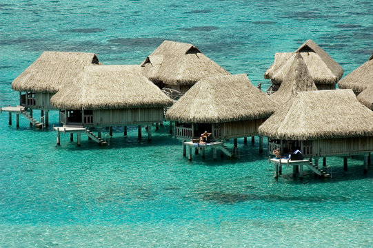 luxury overwater bungalows at blue lagoon in French Polynesia