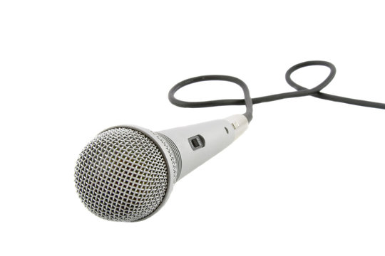 Silver microphone with cable isolated over white background