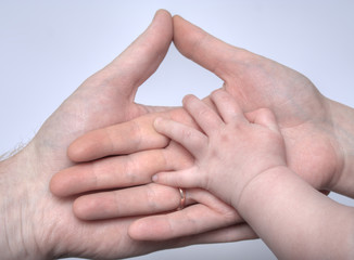 Baby's hand holding the hands of parents