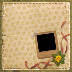 Beige floral background with Old photoframe and bunch