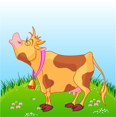Vector illustration of cute cow at sunny meadow.