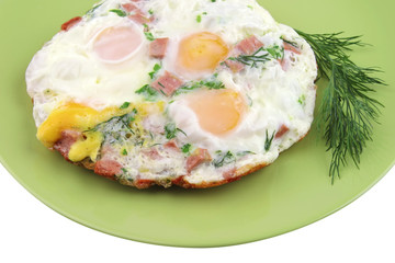 fried eggs close up on green dish