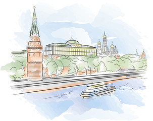 Big Palace of Moscow Kremlin with Moscow river, vector