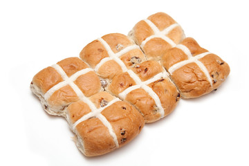 Hot cross buns isolated on a white studio background.