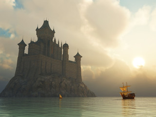 fantasy castle at sunset