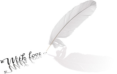 white feather and text