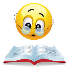Smiling ball reading book with glasses