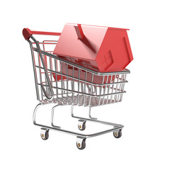isolated shopping cart with red icon house