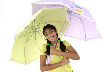 girl holding two umbrella