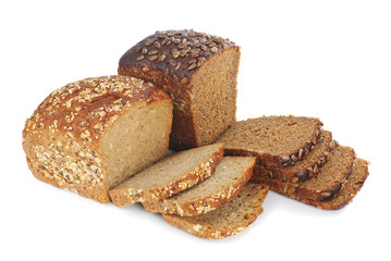 Two loaves of brown bread with cereals.